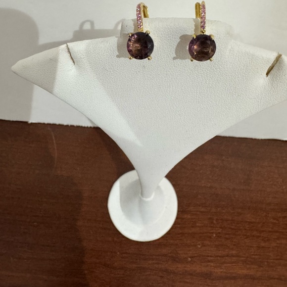 Pink tourmaline garnet gemstone drop style earrings gold filled - Picture 9 of 16